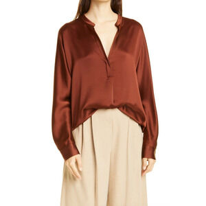 NWT Vince Silk Banded Collar Blouse In Dark Red Umber Size XXXL